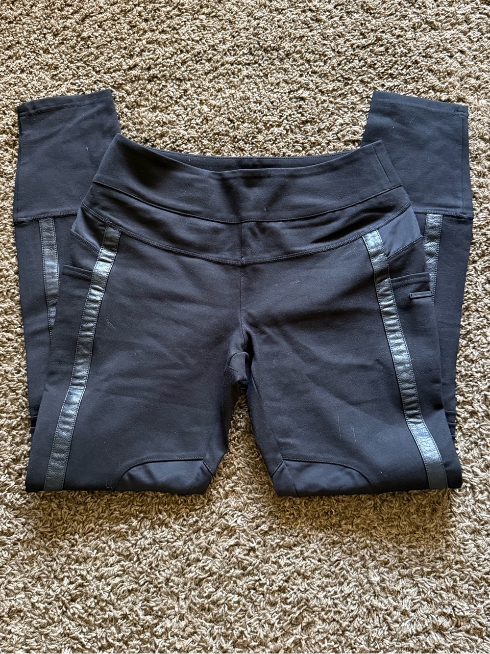 Blanc Noir Black Moto Performance Leggings Faux Leather Trim Zip Pocket Size M